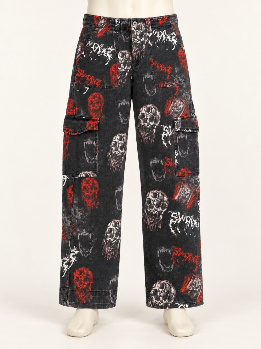 Empyre Skull Graphic Cargo Skate Pants Men’s M Cotton Black Red Y2K Goth Grunge
